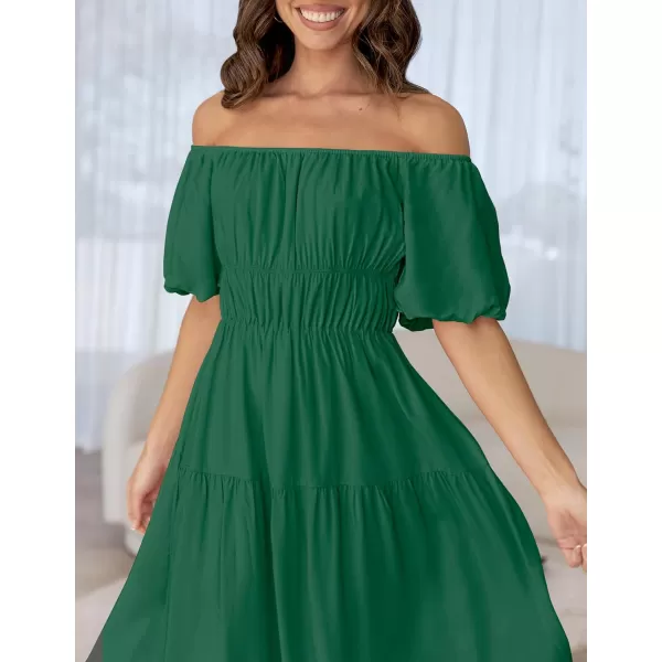 imageZESICA Womens 2024 Sexy Boho Off Shoulder Puff Short Sleeve High Waist Ruffled Flowy A Line Beach Party Midi DressDarkgreen