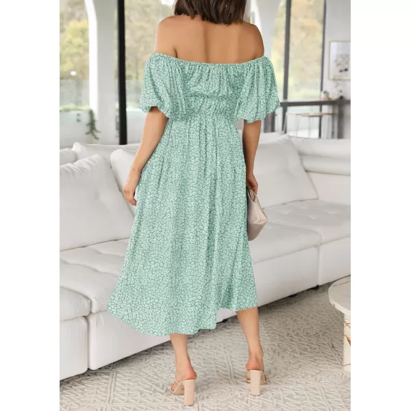 imageZESICA Womens 2024 Sexy Boho Off Shoulder Puff Short Sleeve High Waist Ruffled Flowy A Line Beach Party Midi DressGreen
