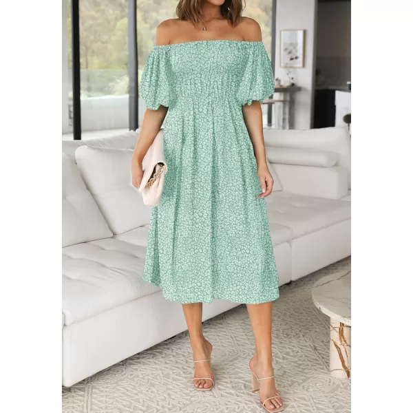 imageZESICA Womens 2024 Sexy Boho Off Shoulder Puff Short Sleeve High Waist Ruffled Flowy A Line Beach Party Midi DressGreen