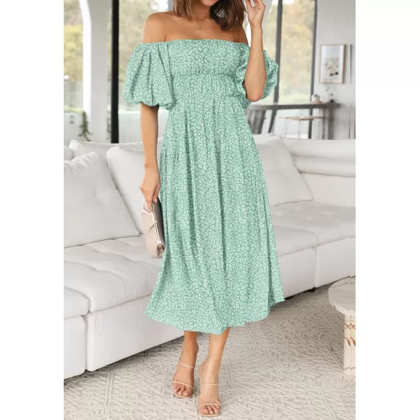 imageZESICA Womens 2024 Sexy Boho Off Shoulder Puff Short Sleeve High Waist Ruffled Flowy A Line Beach Party Midi DressGreen