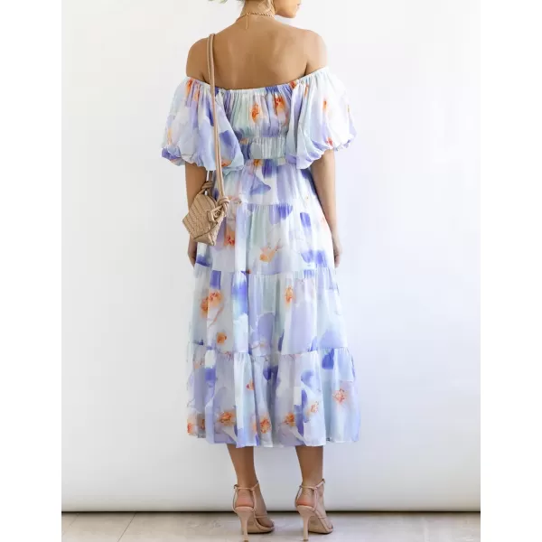 imageZESICA Womens 2024 Sexy Boho Off Shoulder Puff Short Sleeve High Waist Ruffled Flowy A Line Beach Party Midi DressLavender