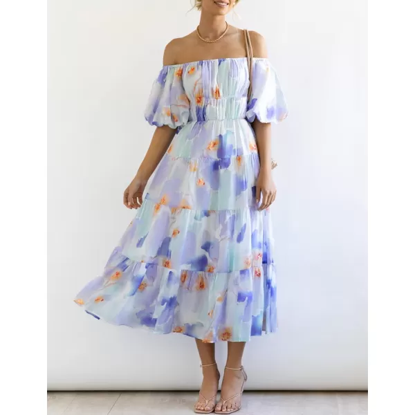imageZESICA Womens 2024 Sexy Boho Off Shoulder Puff Short Sleeve High Waist Ruffled Flowy A Line Beach Party Midi DressLavender