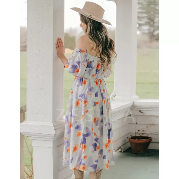 imageZESICA Womens 2024 Sexy Boho Off Shoulder Puff Short Sleeve High Waist Ruffled Flowy A Line Beach Party Midi DressLavender