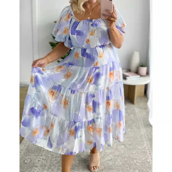 imageZESICA Womens 2024 Sexy Boho Off Shoulder Puff Short Sleeve High Waist Ruffled Flowy A Line Beach Party Midi DressLavender