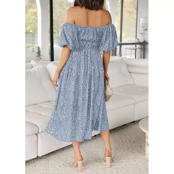 imageZESICA Womens 2024 Sexy Boho Off Shoulder Puff Short Sleeve High Waist Ruffled Flowy A Line Beach Party Midi DressLightblue
