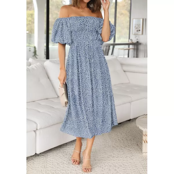 imageZESICA Womens 2024 Sexy Boho Off Shoulder Puff Short Sleeve High Waist Ruffled Flowy A Line Beach Party Midi DressLightblue