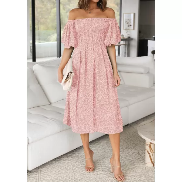 imageZESICA Womens 2024 Sexy Boho Off Shoulder Puff Short Sleeve High Waist Ruffled Flowy A Line Beach Party Midi DressLightpink