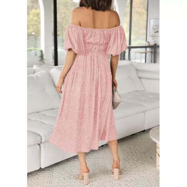imageZESICA Womens 2024 Sexy Boho Off Shoulder Puff Short Sleeve High Waist Ruffled Flowy A Line Beach Party Midi DressLightpink