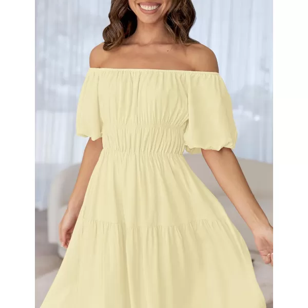 imageZESICA Womens 2024 Sexy Boho Off Shoulder Puff Short Sleeve High Waist Ruffled Flowy A Line Beach Party Midi DressLightyellow