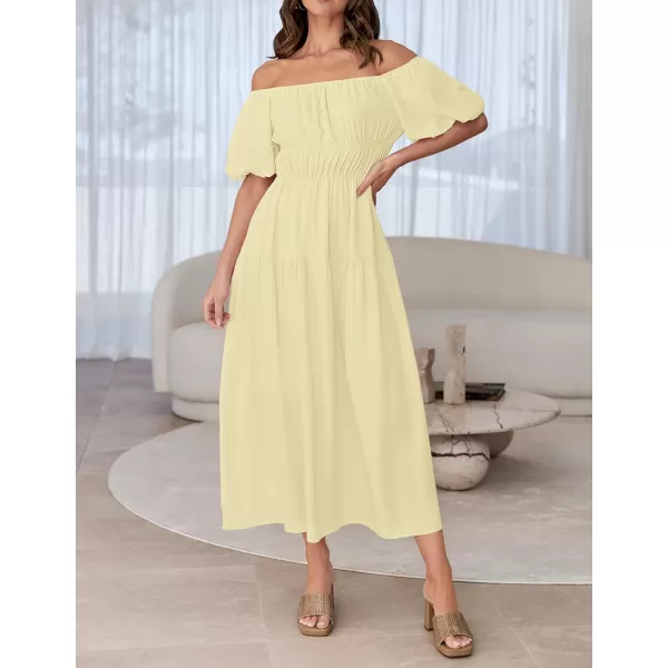 imageZESICA Womens 2024 Sexy Boho Off Shoulder Puff Short Sleeve High Waist Ruffled Flowy A Line Beach Party Midi DressLightyellow