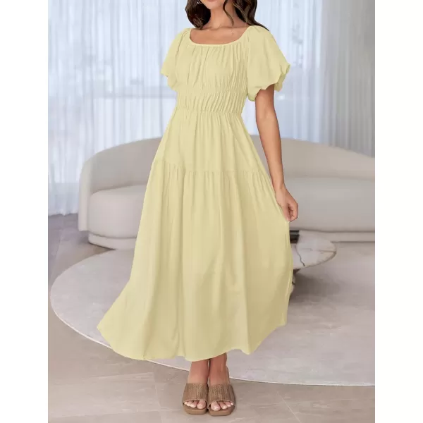 imageZESICA Womens 2024 Sexy Boho Off Shoulder Puff Short Sleeve High Waist Ruffled Flowy A Line Beach Party Midi DressLightyellow
