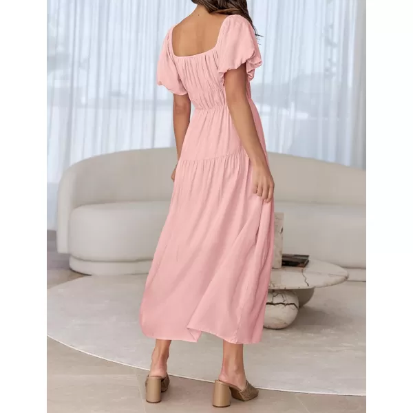 imageZESICA Womens 2024 Sexy Boho Off Shoulder Puff Short Sleeve High Waist Ruffled Flowy A Line Beach Party Midi DressPink