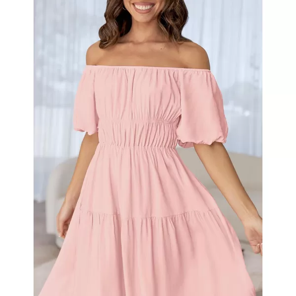 imageZESICA Womens 2024 Sexy Boho Off Shoulder Puff Short Sleeve High Waist Ruffled Flowy A Line Beach Party Midi DressPink