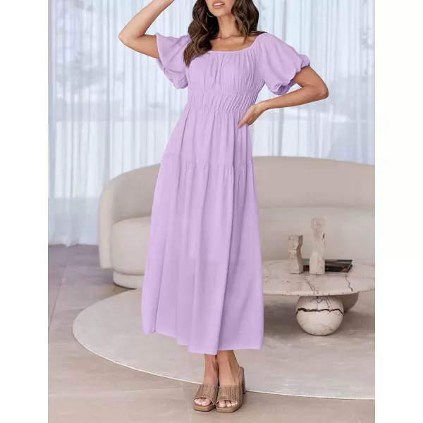 imageZESICA Womens 2024 Sexy Boho Off Shoulder Puff Short Sleeve High Waist Ruffled Flowy A Line Beach Party Midi DressPurple