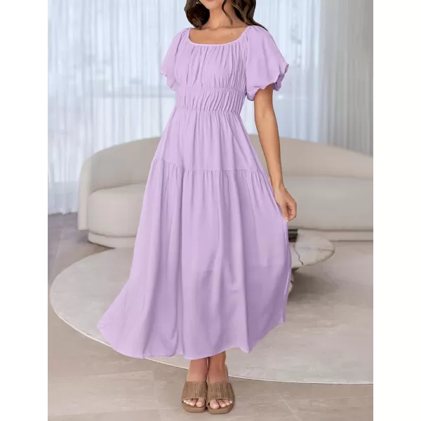 imageZESICA Womens 2024 Sexy Boho Off Shoulder Puff Short Sleeve High Waist Ruffled Flowy A Line Beach Party Midi DressPurple