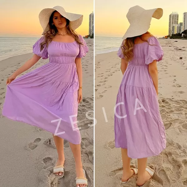 imageZESICA Womens 2024 Sexy Boho Off Shoulder Puff Short Sleeve High Waist Ruffled Flowy A Line Beach Party Midi DressPurple