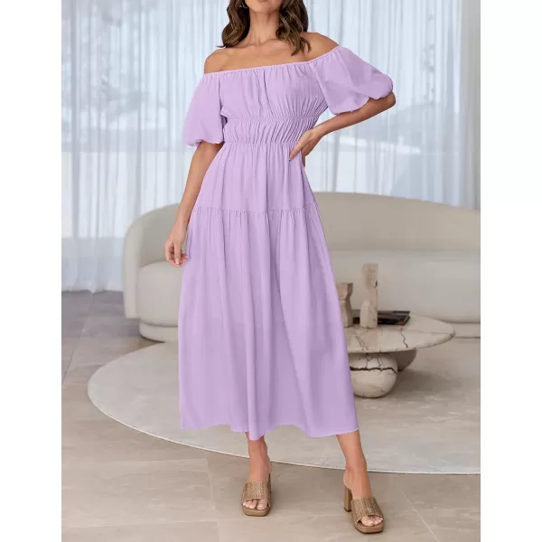 imageZESICA Womens 2024 Sexy Boho Off Shoulder Puff Short Sleeve High Waist Ruffled Flowy A Line Beach Party Midi DressPurple