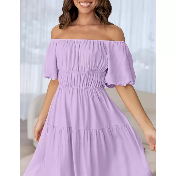imageZESICA Womens 2024 Sexy Boho Off Shoulder Puff Short Sleeve High Waist Ruffled Flowy A Line Beach Party Midi DressPurple