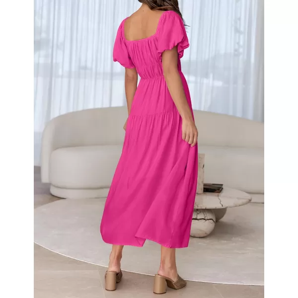 imageZESICA Womens 2024 Sexy Boho Off Shoulder Puff Short Sleeve High Waist Ruffled Flowy A Line Beach Party Midi DressRose