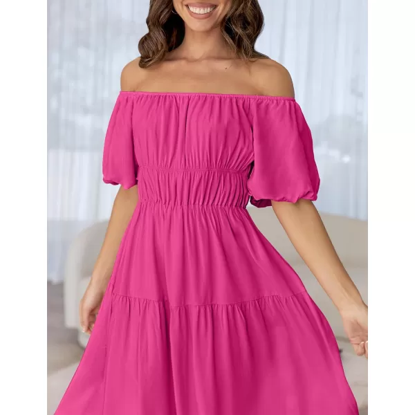 imageZESICA Womens 2024 Sexy Boho Off Shoulder Puff Short Sleeve High Waist Ruffled Flowy A Line Beach Party Midi DressRose