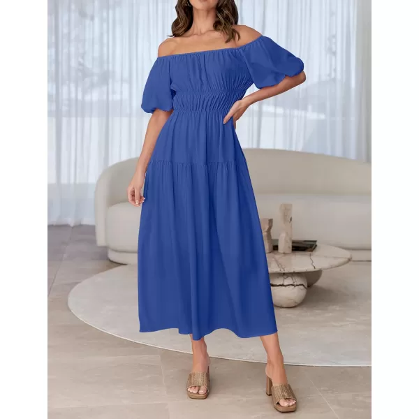 imageZESICA Womens 2024 Sexy Boho Off Shoulder Puff Short Sleeve High Waist Ruffled Flowy A Line Beach Party Midi DressRoyalblue