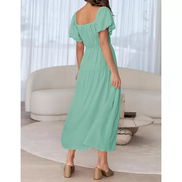 imageZESICA Womens 2024 Sexy Boho Off Shoulder Puff Short Sleeve High Waist Ruffled Flowy A Line Beach Party Midi DressSage