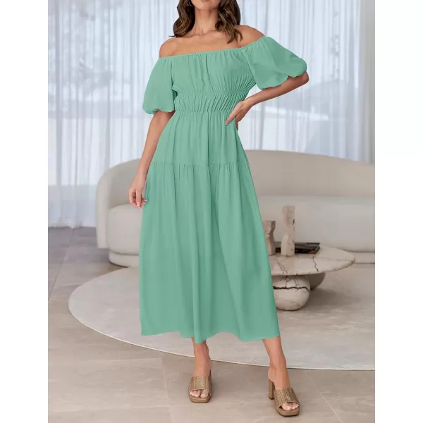 imageZESICA Womens 2024 Sexy Boho Off Shoulder Puff Short Sleeve High Waist Ruffled Flowy A Line Beach Party Midi DressSage