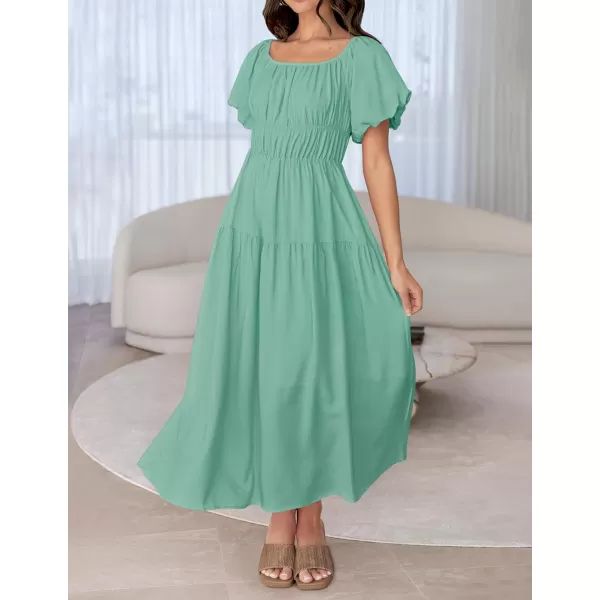 imageZESICA Womens 2024 Sexy Boho Off Shoulder Puff Short Sleeve High Waist Ruffled Flowy A Line Beach Party Midi DressSage