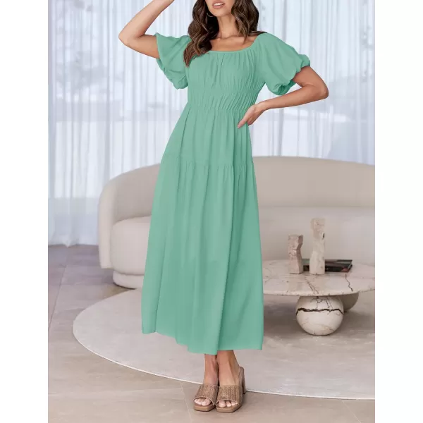 imageZESICA Womens 2024 Sexy Boho Off Shoulder Puff Short Sleeve High Waist Ruffled Flowy A Line Beach Party Midi DressSage