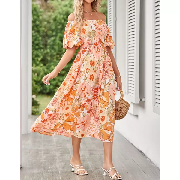 imageZESICA Womens 2024 Sexy Boho Off Shoulder Puff Short Sleeve High Waist Ruffled Flowy A Line Beach Party Midi DressTangerine