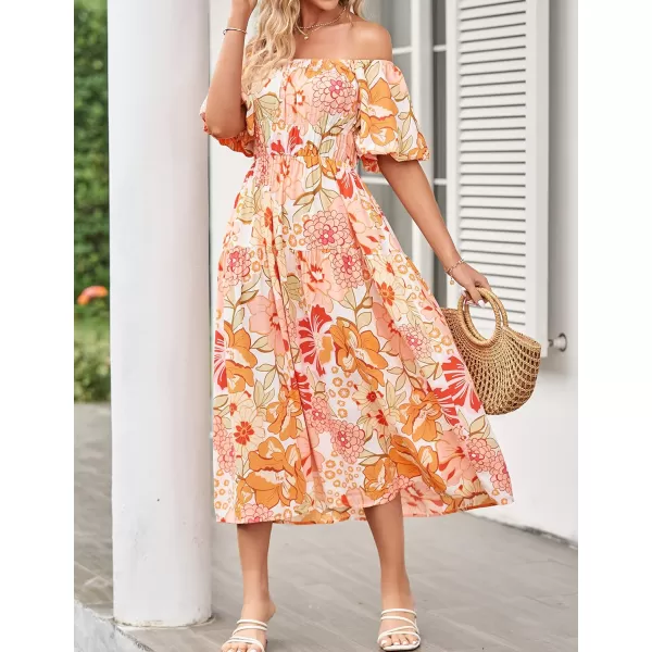 imageZESICA Womens 2024 Sexy Boho Off Shoulder Puff Short Sleeve High Waist Ruffled Flowy A Line Beach Party Midi DressTangerine