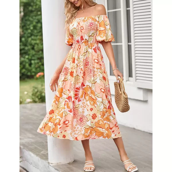 imageZESICA Womens 2024 Sexy Boho Off Shoulder Puff Short Sleeve High Waist Ruffled Flowy A Line Beach Party Midi DressTangerine