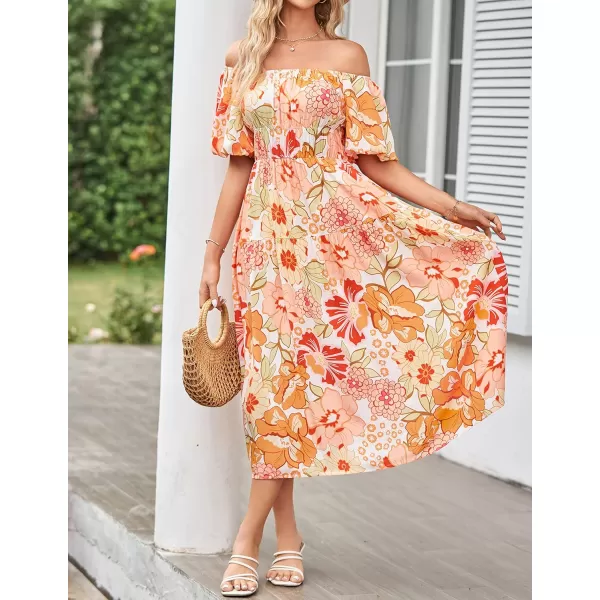 imageZESICA Womens 2024 Sexy Boho Off Shoulder Puff Short Sleeve High Waist Ruffled Flowy A Line Beach Party Midi DressTangerine