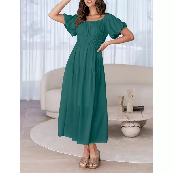 imageZESICA Womens 2024 Sexy Boho Off Shoulder Puff Short Sleeve High Waist Ruffled Flowy A Line Beach Party Midi DressTeal