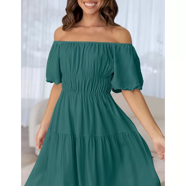 imageZESICA Womens 2024 Sexy Boho Off Shoulder Puff Short Sleeve High Waist Ruffled Flowy A Line Beach Party Midi DressTeal