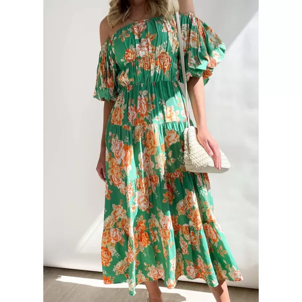 imageZESICA Womens 2024 Sexy Boho Off Shoulder Puff Short Sleeve High Waist Ruffled Flowy A Line Beach Party Midi DressVintage