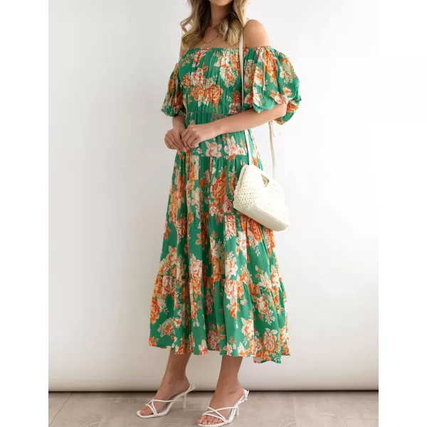 imageZESICA Womens 2024 Sexy Boho Off Shoulder Puff Short Sleeve High Waist Ruffled Flowy A Line Beach Party Midi DressVintage