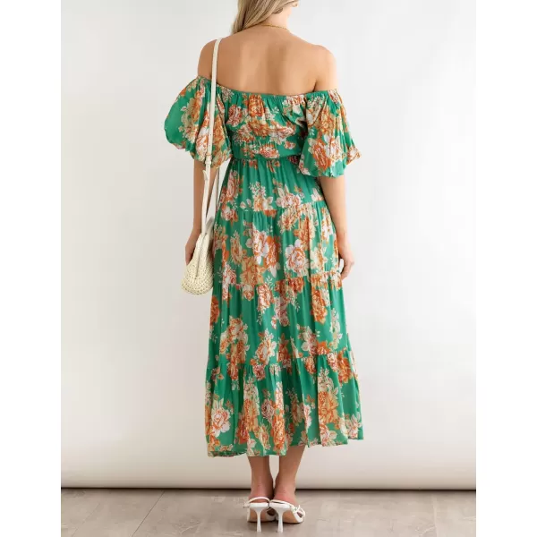 imageZESICA Womens 2024 Sexy Boho Off Shoulder Puff Short Sleeve High Waist Ruffled Flowy A Line Beach Party Midi DressVintage