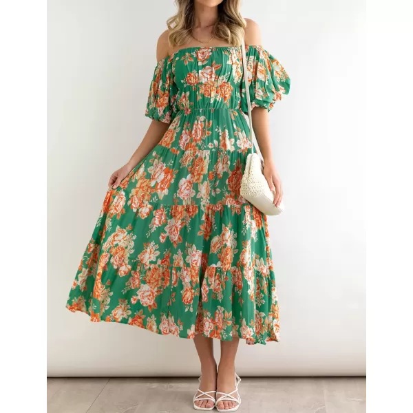 imageZESICA Womens 2024 Sexy Boho Off Shoulder Puff Short Sleeve High Waist Ruffled Flowy A Line Beach Party Midi DressVintage