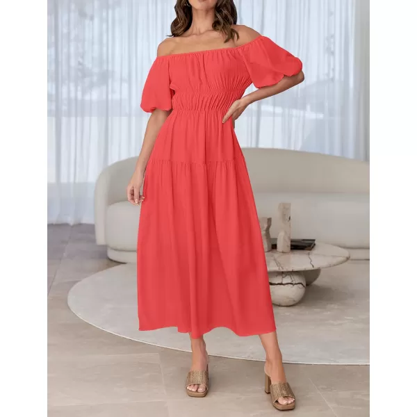 imageZESICA Womens 2024 Sexy Boho Off Shoulder Puff Short Sleeve High Waist Ruffled Flowy A Line Beach Party Midi DressWatermelon