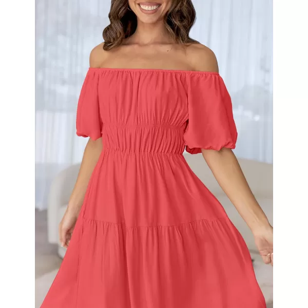 imageZESICA Womens 2024 Sexy Boho Off Shoulder Puff Short Sleeve High Waist Ruffled Flowy A Line Beach Party Midi DressWatermelon