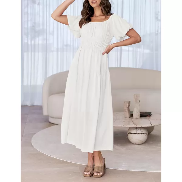 imageZESICA Womens 2024 Sexy Boho Off Shoulder Puff Short Sleeve High Waist Ruffled Flowy A Line Beach Party Midi DressWhite