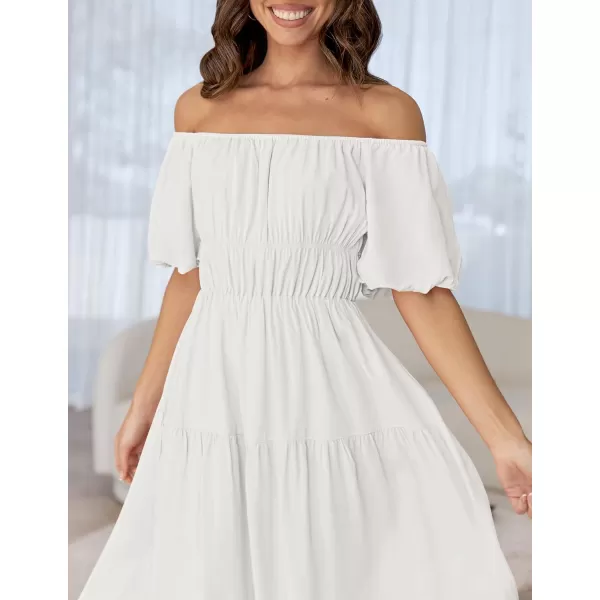 imageZESICA Womens 2024 Sexy Boho Off Shoulder Puff Short Sleeve High Waist Ruffled Flowy A Line Beach Party Midi DressWhite