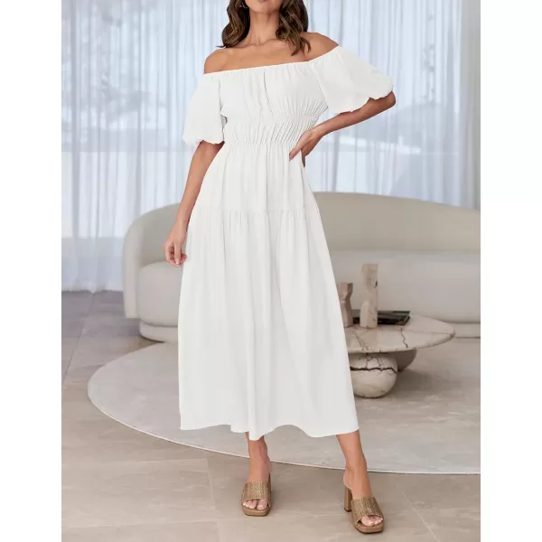 imageZESICA Womens 2024 Sexy Boho Off Shoulder Puff Short Sleeve High Waist Ruffled Flowy A Line Beach Party Midi DressWhite