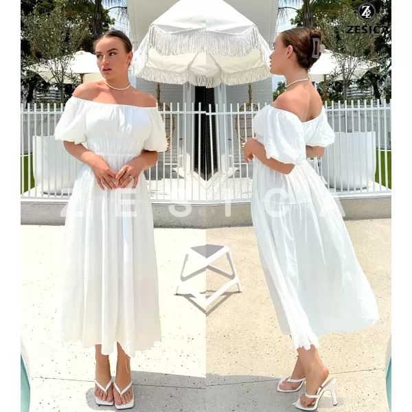 imageZESICA Womens 2024 Sexy Boho Off Shoulder Puff Short Sleeve High Waist Ruffled Flowy A Line Beach Party Midi DressWhite