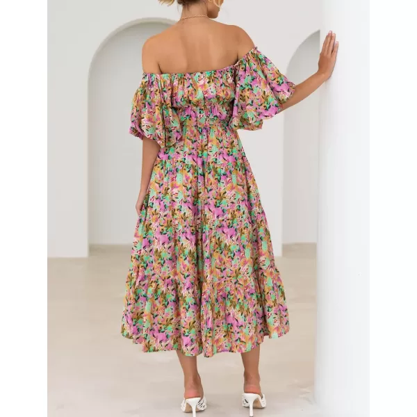imageZESICA Womens 2024 Sexy Boho Off Shoulder Puff Short Sleeve High Waist Ruffled Flowy A Line Beach Party Midi DressYellowpurple
