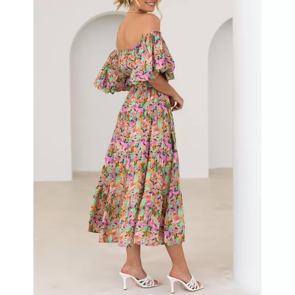 imageZESICA Womens 2024 Sexy Boho Off Shoulder Puff Short Sleeve High Waist Ruffled Flowy A Line Beach Party Midi DressYellowpurple