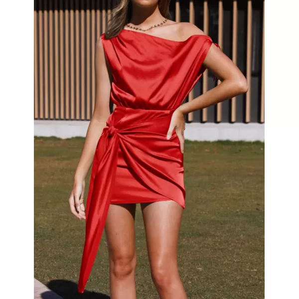 imageZESICA Womens 2024 Sexy Satin One Shoulder Sleeveless Ruched Tie Waist Wrap Bodycon Cocktail Party Mini DressBright Red