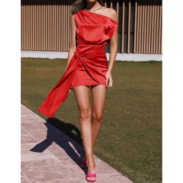 imageZESICA Womens 2024 Sexy Satin One Shoulder Sleeveless Ruched Tie Waist Wrap Bodycon Cocktail Party Mini DressBright Red