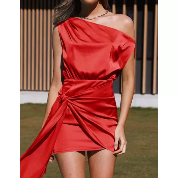imageZESICA Womens 2024 Sexy Satin One Shoulder Sleeveless Ruched Tie Waist Wrap Bodycon Cocktail Party Mini DressBright Red